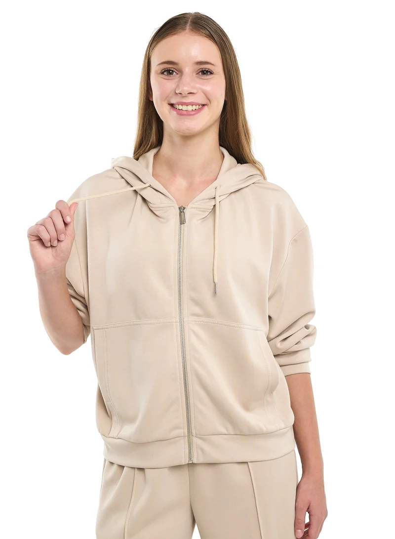 Victor And Jane  2 Piece Set- Beige Zip-Up Hoodie & Wide-Leg Trousers Set for Women | Best Price UAE