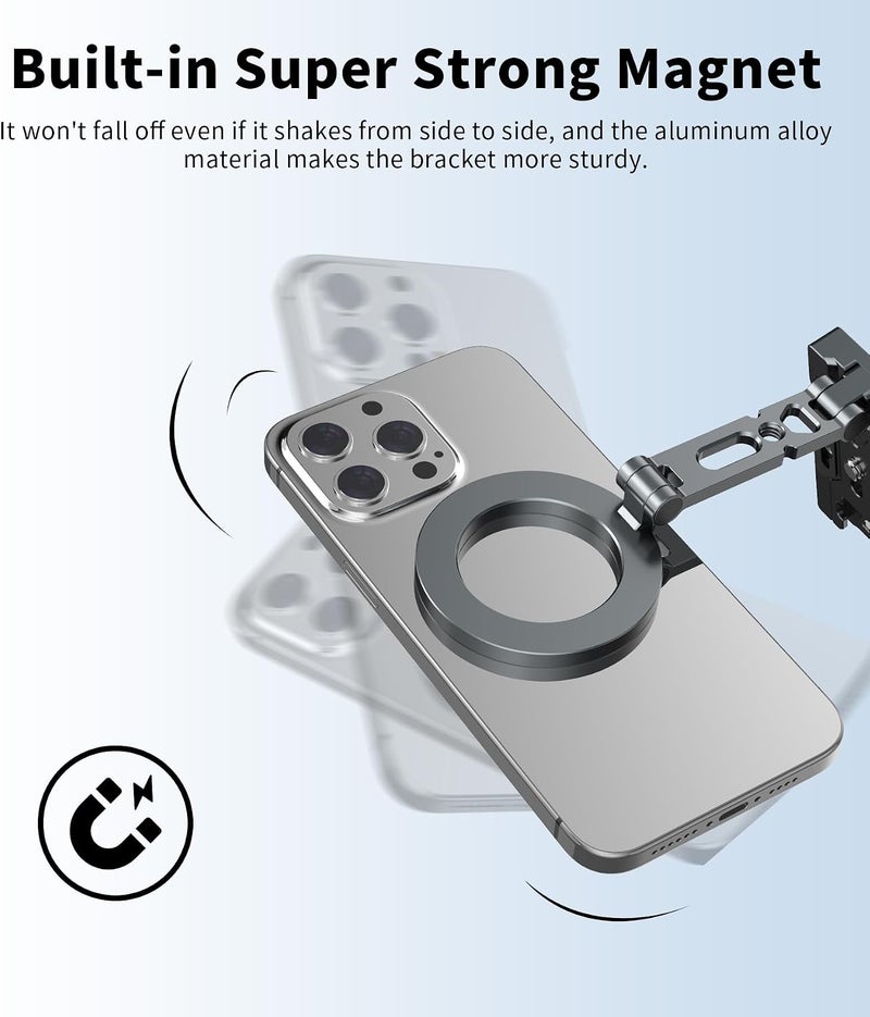 TONEOF Magnetic Phone Tripod Stand, 3 in 1 Aluminum Foldable Strong Magnetic Phone Holder with Standard 1/4 Screw Hole&Cold Shoe Mount, Smartphone TripodHead for Hand,Desk and Tripod for All Phones - Image 5