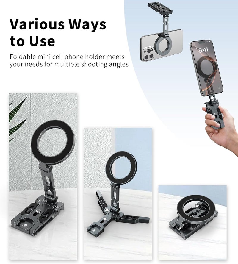 TONEOF Magnetic Phone Tripod Stand, 3 in 1 Aluminum Foldable Strong Magnetic Phone Holder with Standard 1/4 Screw Hole&Cold Shoe Mount, Smartphone TripodHead for Hand,Desk and Tripod for All Phones - Image 2