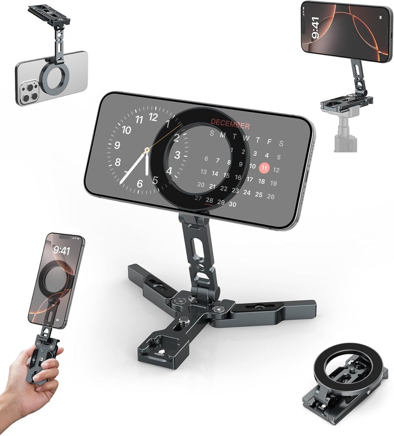 TONEOF Magnetic Phone Tripod Stand, 3 in 1 Aluminum Foldable Strong Magnetic Phone Holder with Standard 1/4 Screw Hole&Cold Shoe Mount, Smartphone TripodHead for Hand,Desk and Tripod for All Phones - Image 1