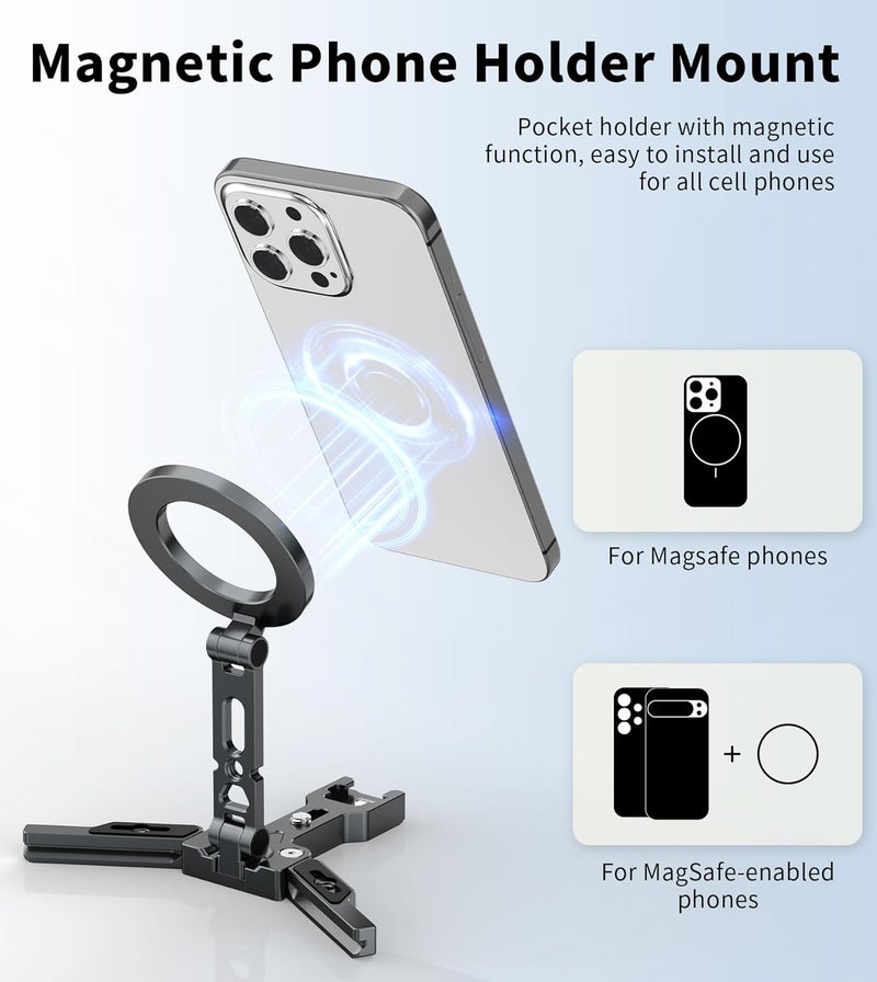 TONEOF Magnetic Phone Tripod Stand, 3 in 1 Aluminum Foldable Strong Magnetic Phone Holder with Standard 1/4 Screw Hole&Cold Shoe Mount, Smartphone TripodHead for Hand,Desk and Tripod for All Phones - Image 3