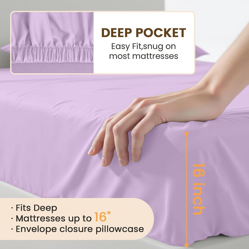 USXIBEI Queen Size 4 Piece Bed Sheet Set - Ultra Imitation Cotton-Premium Breathable & Cooling Sheets - Hotel Luxury Bed Sheets Deep Pocket up to 15"- Wrinkle, Fade, Stain Resistant (Lavender, Queen) - Image 5