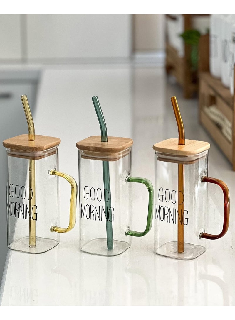 هابي هوم أكواب قهوة زجاجية مع أغطية وقشة سعة 400 مل، أكواب شرب للعصائر والمشروبات المثلجة والكوكتيلات والمنزل والسفر (متعدد الألوان) (عبوة من قطعة واحدة) - Image 4