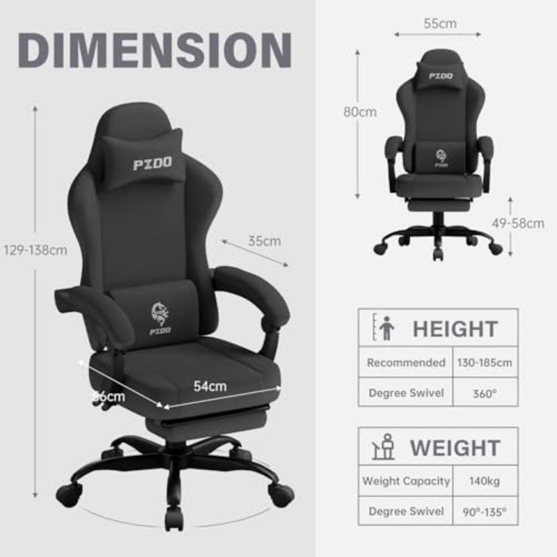 Gaming chairs for adults: ergonomic computer chair with footrest, chaise gamer reclining PC chair featuring headrest and lumbar support, ideal for teens and kids, black fabric, 350 lbs capacity - Image 3