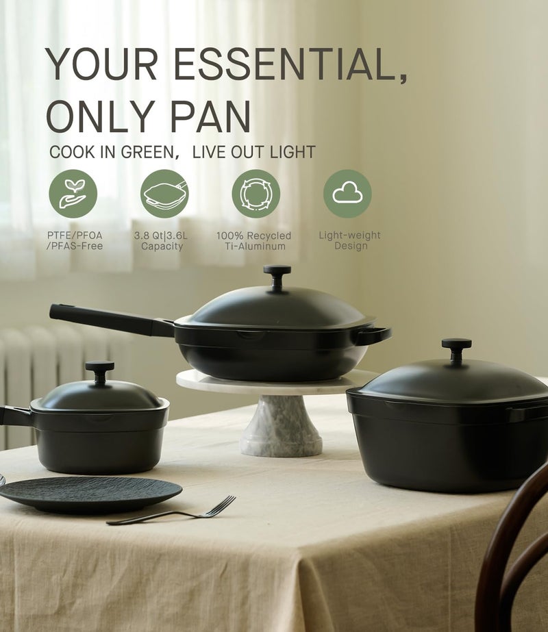 USELUCK 10.5 Inch(3.8QT) Ceramic Pan with Lid,Non Stick Frying Pans Cast Aluminum Deep SautÃ© Pans,Ti-Ceramic Non Toxic Pix Pan with Wooden Spatula and Scrubber-Midnight Hearth - Image 5