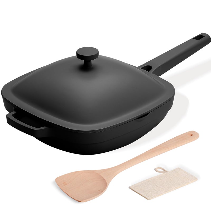 USELUCK 10.5 Inch(3.8QT) Ceramic Pan with Lid,Non Stick Frying Pans Cast Aluminum Deep SautÃ© Pans,Ti-Ceramic Non Toxic Pix Pan with Wooden Spatula and Scrubber-Midnight Hearth - Image 1