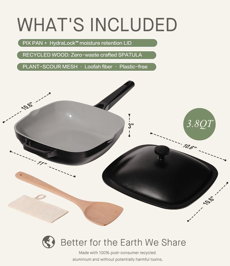 USELUCK 10.5 Inch(3.8QT) Ceramic Pan with Lid,Non Stick Frying Pans Cast Aluminum Deep SautÃ© Pans,Ti-Ceramic Non Toxic Pix Pan with Wooden Spatula and Scrubber-Midnight Hearth - Image 4
