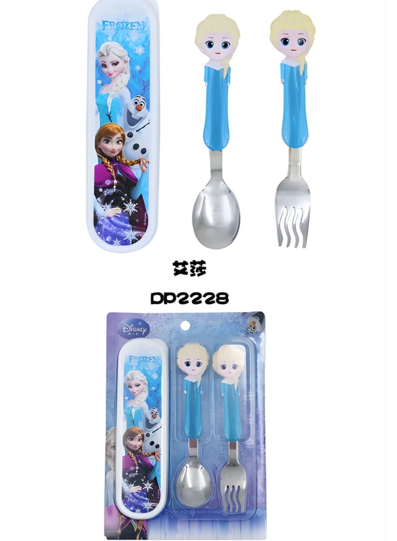 Disney مجموعة أدوات مائدة سفر للأطفال مكونة من ملعقة وشوكة معدنية مع شخصية كرتونية ثلاثية الأبعاد (ELSA) - Image 3