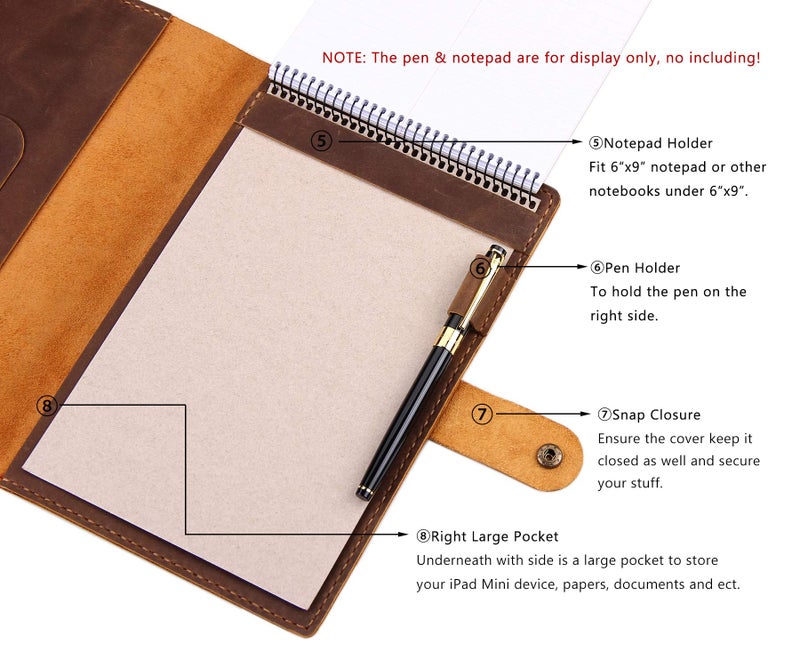 Robrasim Leather Cover for 6"x9" Steno Notebook, Leather Folio Cover Compatible with 6x9 Spiral Steno Pads, A5 Notebook Organizer with Pen Loop - Brown - Image 4