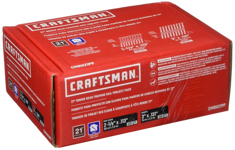 CRAFTSMAN Nails, 21Â° Round Head Nail Project Pack, 500-Count, 21 Degree, Ring Shank, Smooth Shank (CMRH21PP) - Image 2