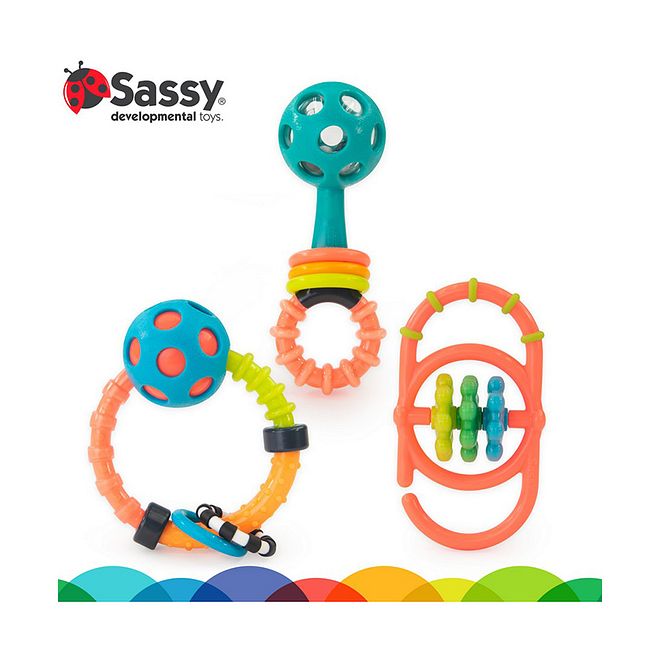 Sassy مجموعة هدايا جرس المولود الجديد الجذاب - نسيج ناعم، 3 قطع، آمن من 0 شهرًا، بحجم 7x5x13 سم - Image 1