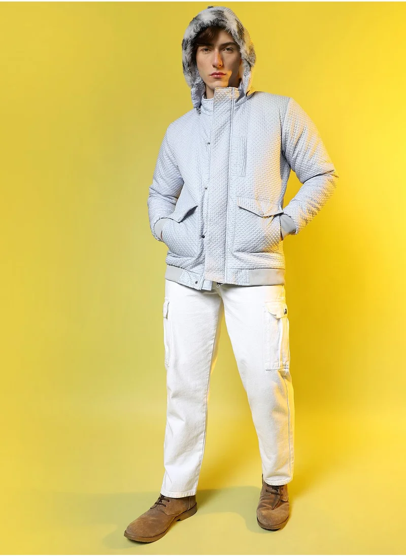 Campus Sutra Men's Moon Grey Self-Design Rhombus Puffer Jacket