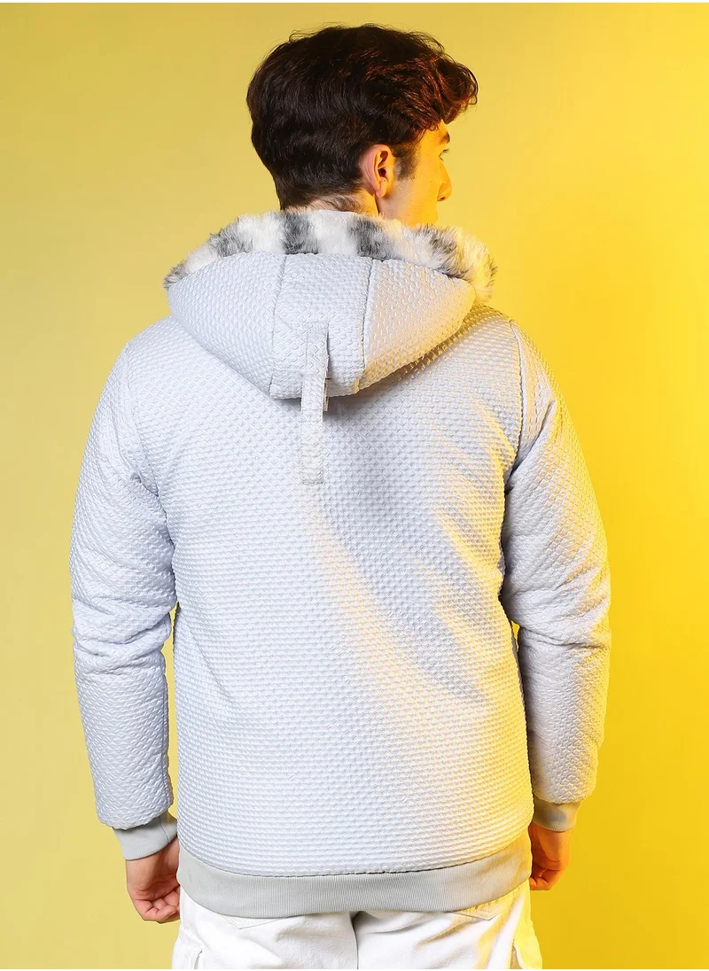 Campus Sutra Men's Moon Grey Self-Design Rhombus Puffer Jacket