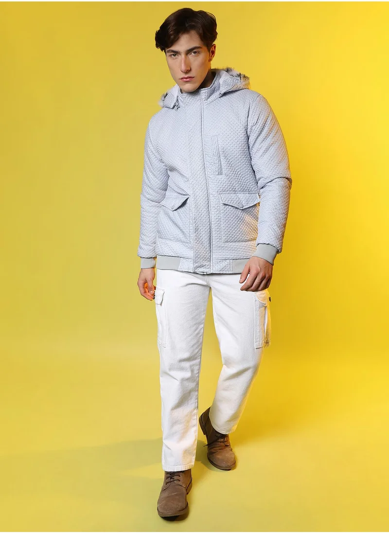 Campus Sutra Men's Moon Grey Self-Design Rhombus Puffer Jacket