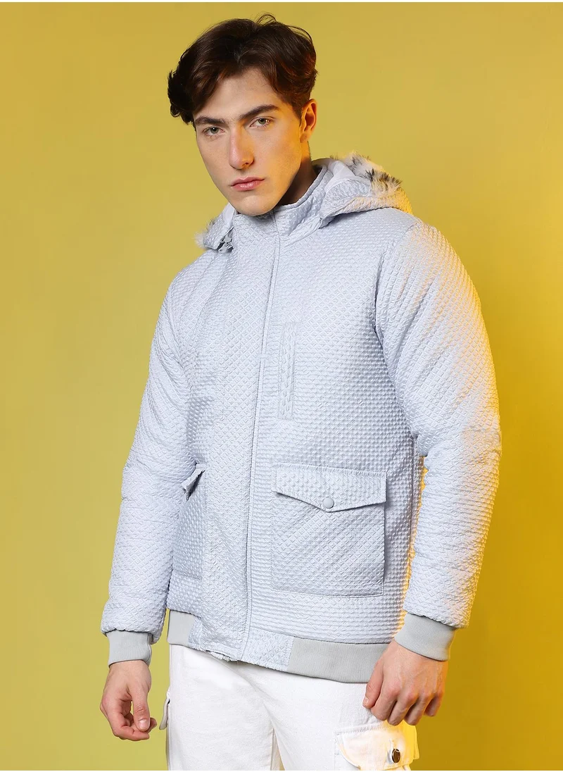 Campus Sutra Men's Moon Grey Self-Design Rhombus Puffer Jacket