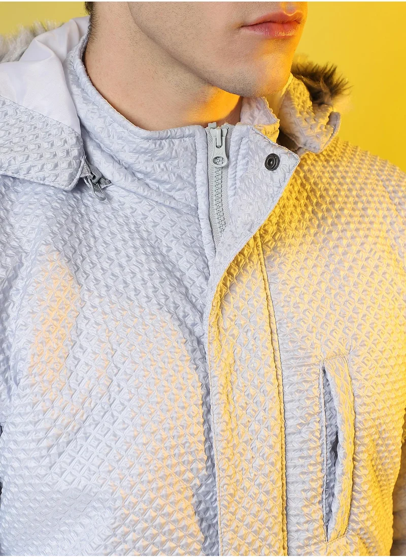 Campus Sutra Men's Moon Grey Self-Design Rhombus Puffer Jacket