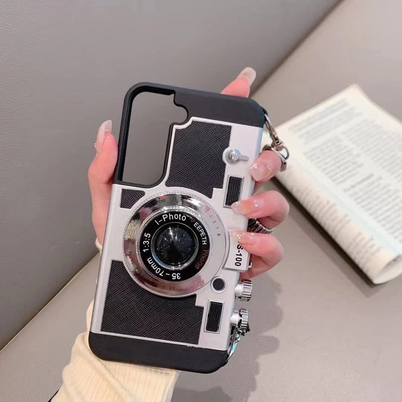 QoKcoahn Camera Case Compatible with Samsung Galaxy S25 Ultra, Kawaii 3D Cartoon Vintage Camera with Long Lanyard Silicone PC Crossbody Phone Case Shockproof Protector Black - Image 2