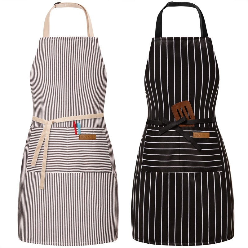 BeLuyi 2 Pack Adjustable Bib Apron with 2 Pockets Chef Cooking Kitchen Restaurant Aprons for Women Men BlackBrown Stripes