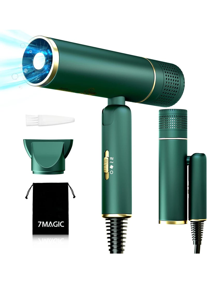 7MAGIC 7MAGIC FastDrying Hair Dryer Foldable Ionic with Storage Bag for Travel Lightweight Portable Hairdryer for Women  Men Negative 2 HeatingCold2 Speed Settings Green 