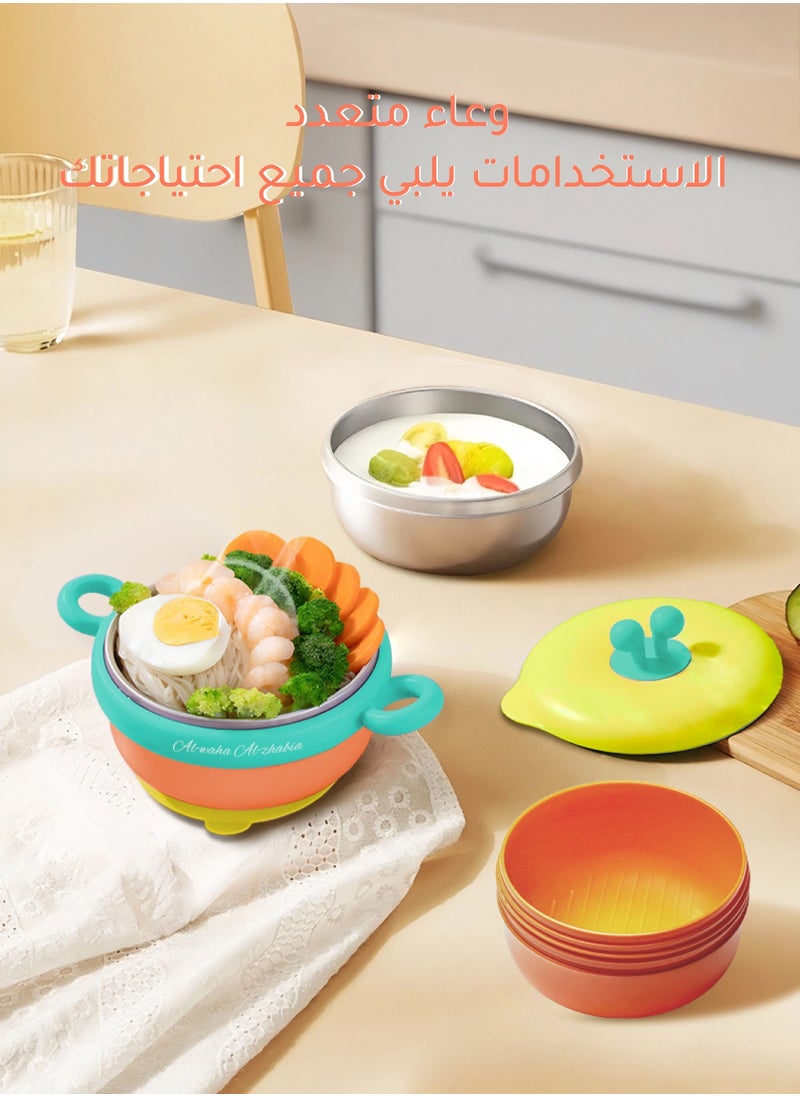 الواحة الذهبية  مجموعة أساسيات الأطفال المصنوعة من الفولاذ المقاوم للصدأ الطبي مع قاعدة شفط - وعاء 400 مل خالٍ من المواد المضرة ، والتحكم في درجة الحرارة المبردة بالماء، وتصميم 3 في 1 مع ملعقة وشوكة  - Image 4