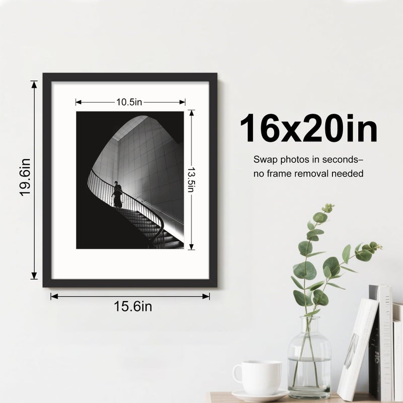 Picrit 16x20 Black Poster Frame 7 Pack, Display Pictures 11 x 14 Picture with Mat or 16 x 20 without Mat for Horizontal or Vertical Wall Mounting, Wall Gallery Photo Frames - Image 2