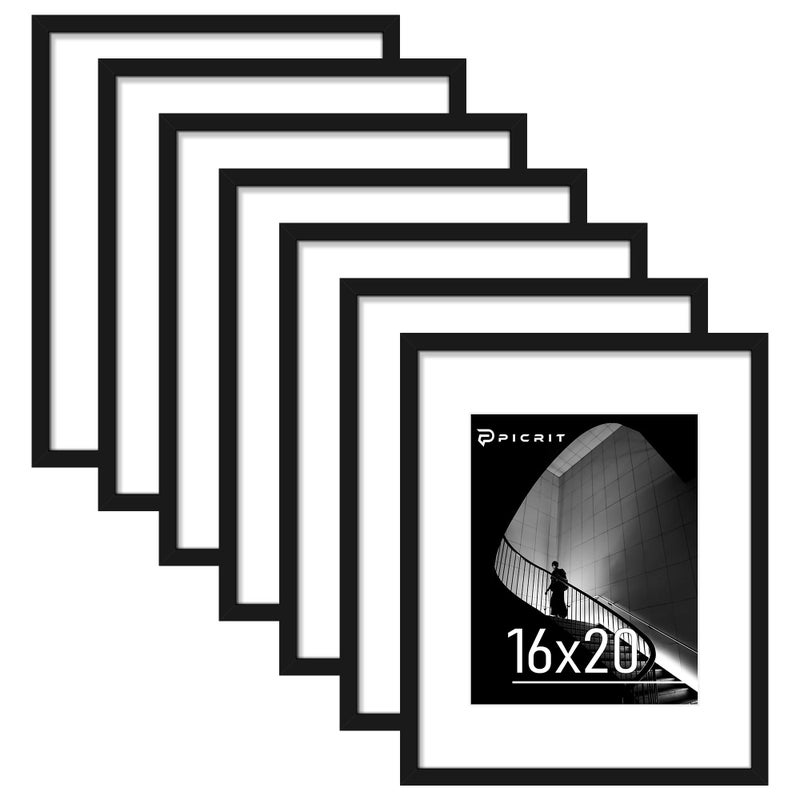 Picrit 16x20 Black Poster Frame 7 Pack, Display Pictures 11 x 14 Picture with Mat or 16 x 20 without Mat for Horizontal or Vertical Wall Mounting, Wall Gallery Photo Frames - Image 1