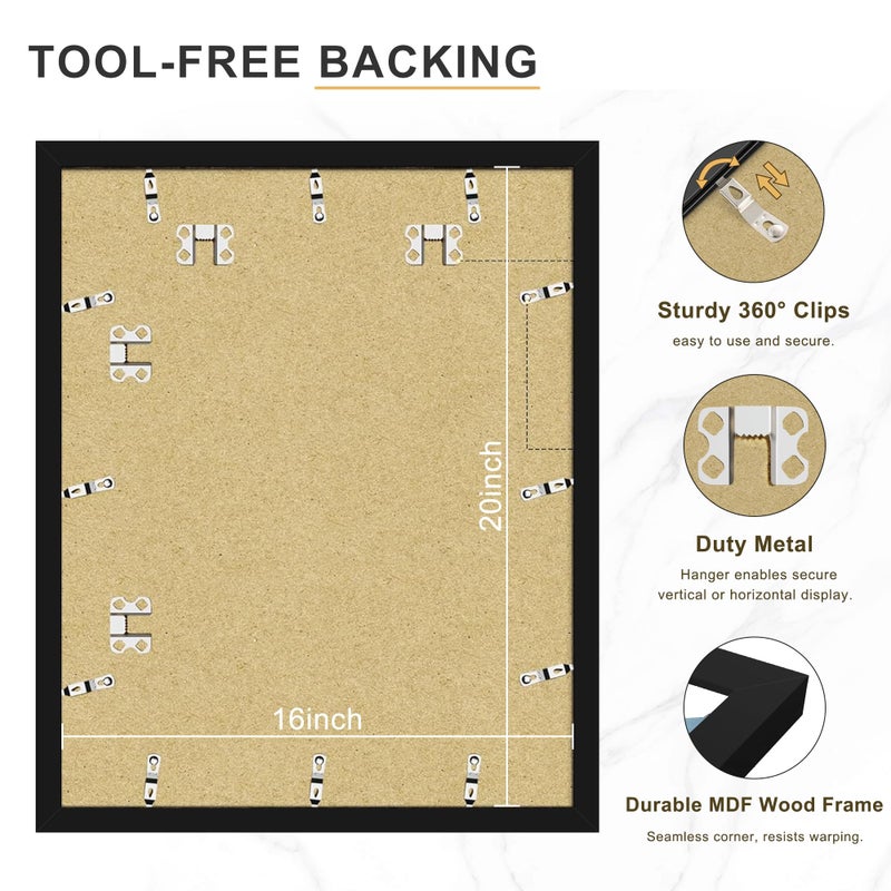 Picrit 16x20 Black Poster Frame 7 Pack, Display Pictures 11 x 14 Picture with Mat or 16 x 20 without Mat for Horizontal or Vertical Wall Mounting, Wall Gallery Photo Frames - Image 3