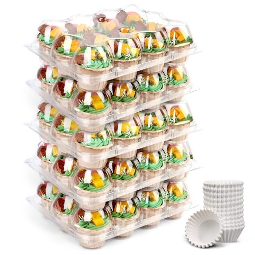 LotFancy 12 Count x 5 Sets Cupcake Containers with 60 Liners Plastic Stackable Cupcake Boxes Disposable Muffin Holder with Detachable Tall Dome Lid BPA Free Clear Cupcake Carrier Standard Size - Image 1