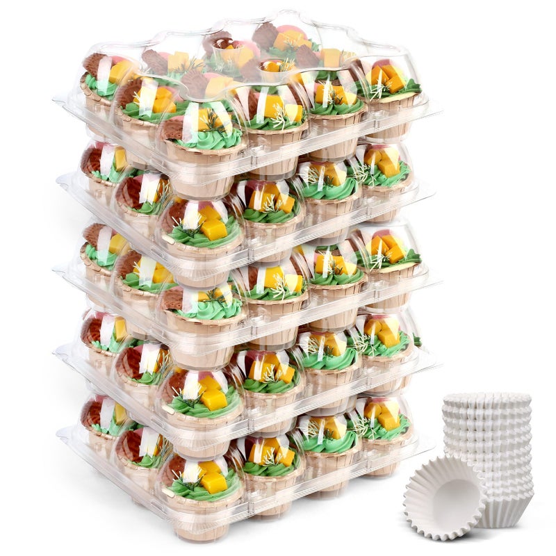 LotFancy 12 Count x 5 Sets Cupcake Containers with 60 Liners Plastic Stackable Cupcake Boxes Disposable Muffin Holder with Detachable Tall Dome Lid BPA Free Clear Cupcake Carrier Standard Size - Image 2