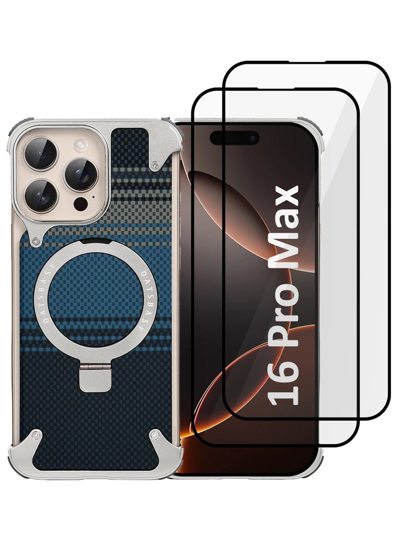 3Packs Case Cover for iPhone 16 Pro Max, Magnetic Ring Stand, Carbon Fiber Texture, Shockproof Armor, MagSafe Compatible with Two Screen Protectors - Blue - Image 1