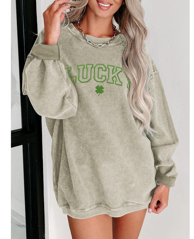 SELINK Womens Crewneck Oversized Corduroy Corded Sweatshirt Long Sleeve Casual Pullover Tops Green LUCKY-M - Image 2
