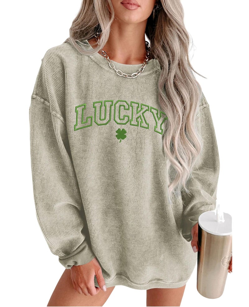 SELINK Womens Crewneck Oversized Corduroy Corded Sweatshirt Long Sleeve Casual Pullover Tops Green LUCKY-M - Image 1