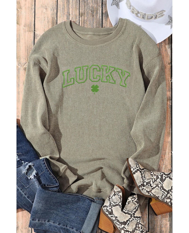 SELINK Womens Crewneck Oversized Corduroy Corded Sweatshirt Long Sleeve Casual Pullover Tops Green LUCKY-M - Image 4