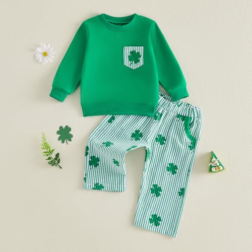JLKGICF St Patricks Day Baby Boy Outfit Long Sleeve Clover Sweatshirt Striped Pants Toddler Boy Summer Spring Clothes (Green Clover, 18-24 Months) - Image 3