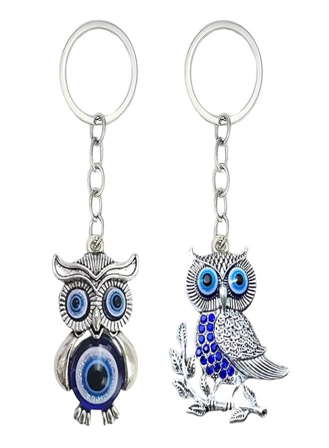 Aeenioy 2 Pieces Keychain, Owl Bag Charms for Handbags and Key Chain for Home, Evil Eye Keychain for Car Bike Protection, Key Rings for Women and Men, Aesthetic Couple Gift (Silvery) - Image 1