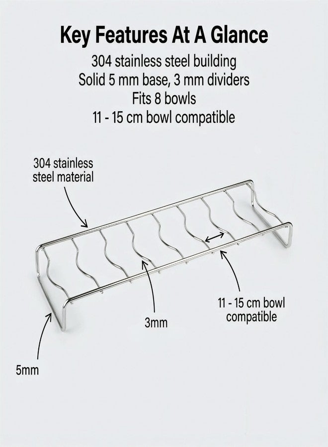 IMEEA Bowl Drying Rack SUS304 Stainless Steel Compact Countertop Organizer for 8 Small Bowls Kitchen Sink & Cabinet Storage Rack, Metal Bowl Holder - Image 4