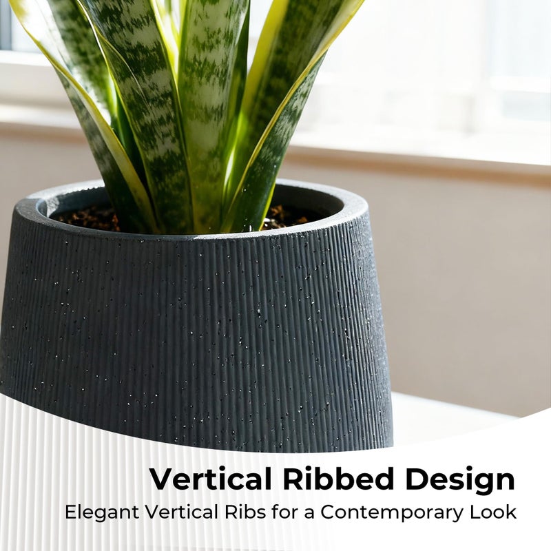 Worth Garden Large Dark Gray Round Planter, 12.5" x 18.5" Lightweight Magnesium Oxide Cement Plant Pot with a Striped Textured Finish, Raised Pattern Concrete Look, Drainage Hole, Indoor & Outdoor - Image 4