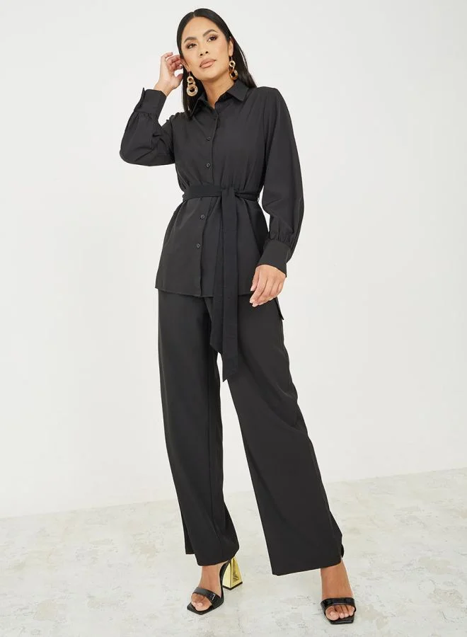 Styli Self Tie Belt Solid Shirt & Trousers Co-Ord Set