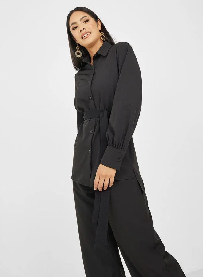 Styli Self Tie Belt Solid Shirt & Trousers Co-Ord Set