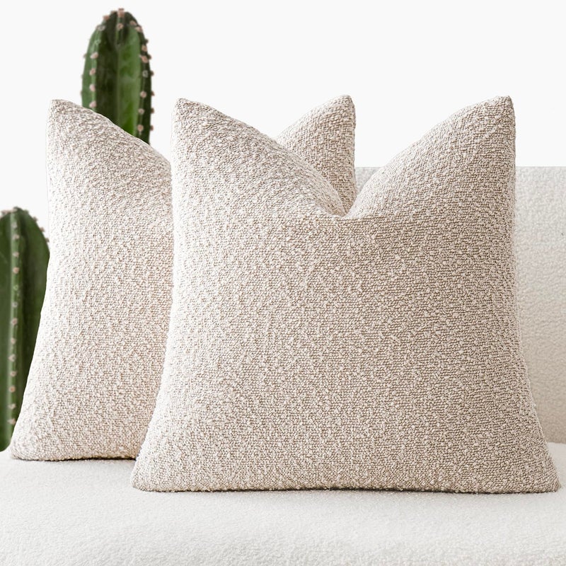 Foindtower Set of 2 Decorative Textured Boucle Throw Pillow Covers Accent Solid Pillow Cases Neutral Cozy Couch Cushion Case for Chair Sofa Bedroom Living Room Home Decor 24 x 24 Inch Ivory Beige