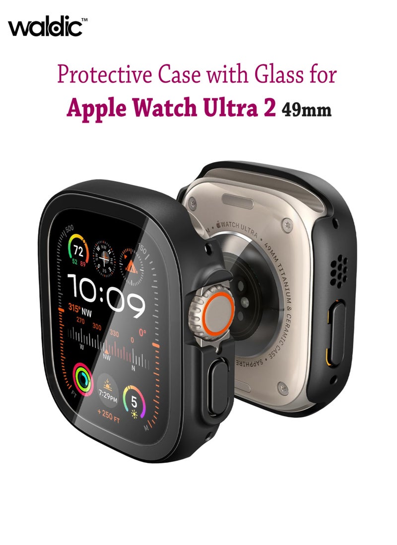 Waldic Apple Smartwatch Ultra 2 (49mm) Protective Case with Screen Protector | Sport Rugged Bumper Designed For Apple Smartwatch Ultra 2 (49mm) | Case Built In 9H Tempered Glass Screen Protector, Hard PC Protective Case Cover - Black  - Image 1