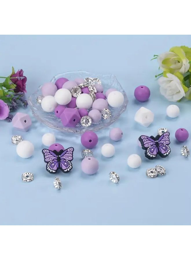 55pcs Mixed Color Butterfly Series Silicone Beads With Rhinestone Spacer Beads For Jewelry Making DIY Bracelets Earrings Necklaces Keychains Bag Charm Decorations Lanyards Craft Supplies Handmade Accessories - Image 4