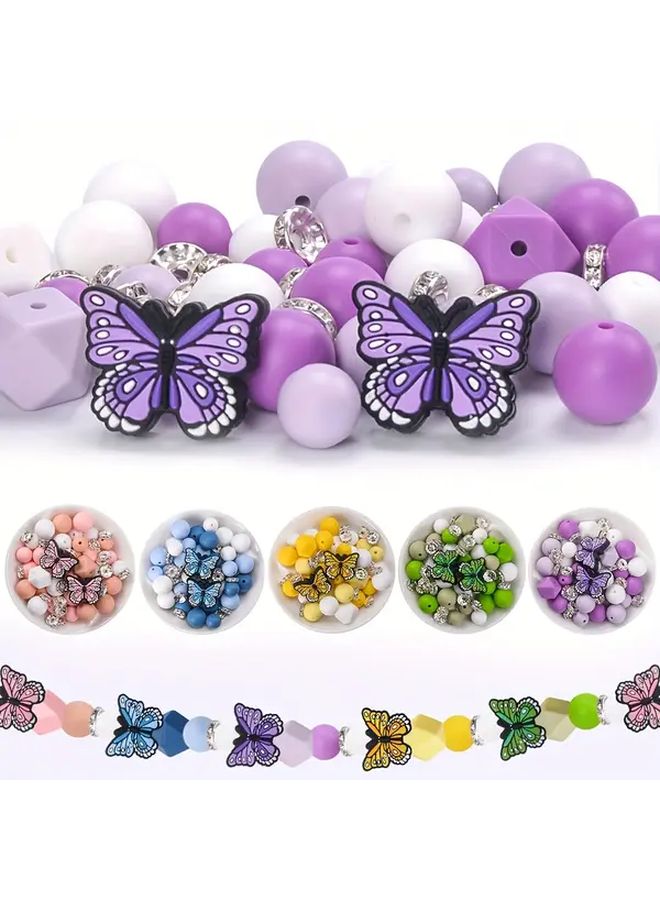 55pcs Mixed Color Butterfly Series Silicone Beads With Rhinestone Spacer Beads For Jewelry Making DIY Bracelets Earrings Necklaces Keychains Bag Charm Decorations Lanyards Craft Supplies Handmade Accessories - Image 3