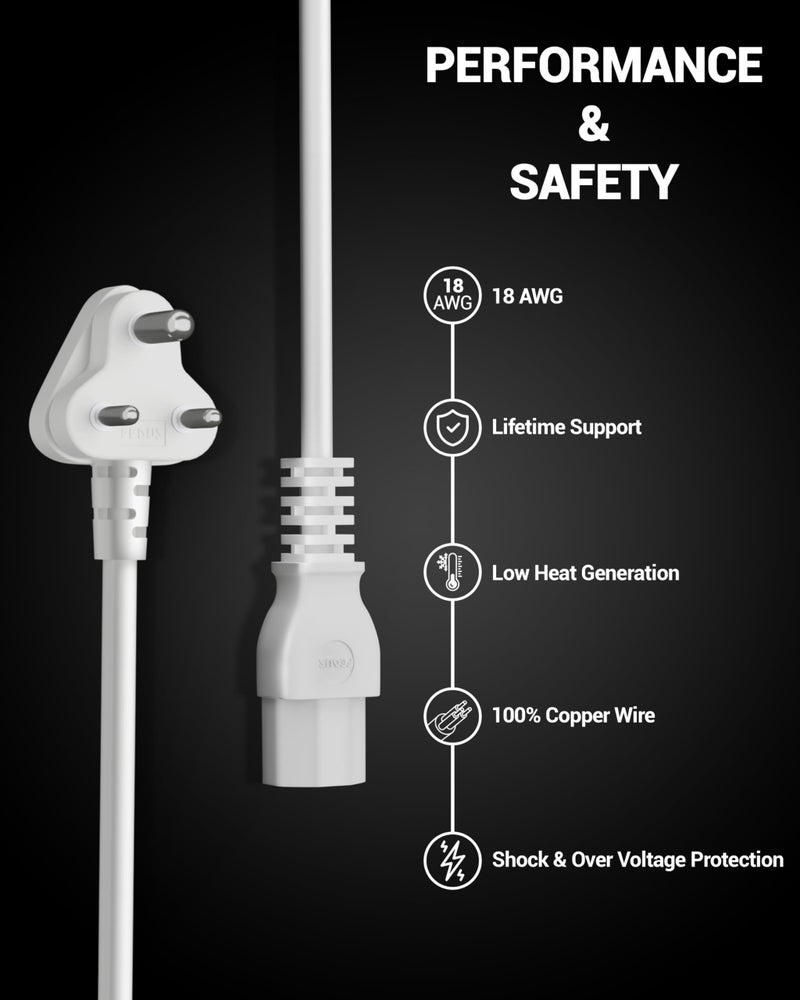 FEDUS Power Cord 1.8 Meter Replacement India Plug IEC Computer Mains Power Cable Cord Wire for Desktop 3 pin Power Cable for PC, Monitor SMPS and Printer, Power Supply, TV White - Image 3