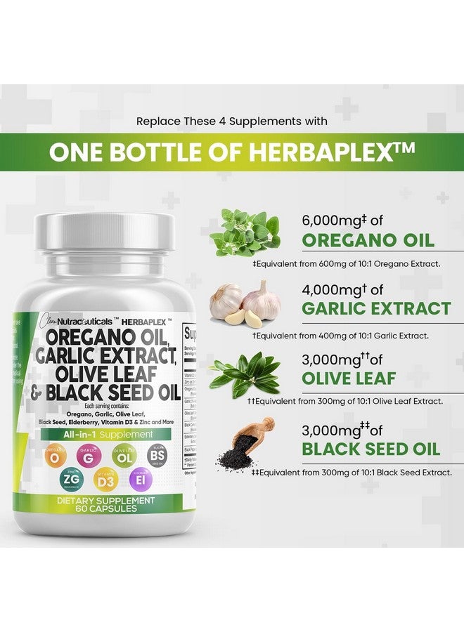 Clean Nutraceuticals Clean Nutraceuticals Oregano Oil 6000mg Garlic Extract 4000mg Olive Leaf 3000mg Black Seed Oil 3000mg - Immune Support & Digestive Health Supplement for Women and Men with Vitamin D3 & Zinc - 60 Caps  - Image 2