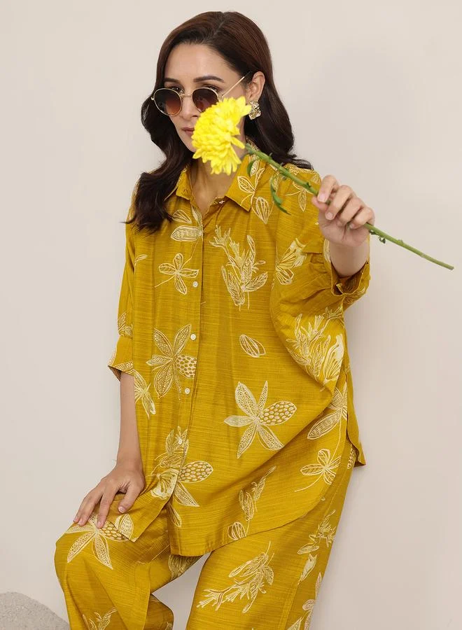 Libas Mustard Printed Silk Blend Top And Pants Co-Ords