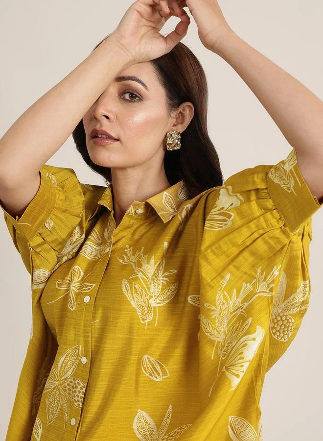 Libas Mustard Printed Silk Blend Top And Pants Co-Ords