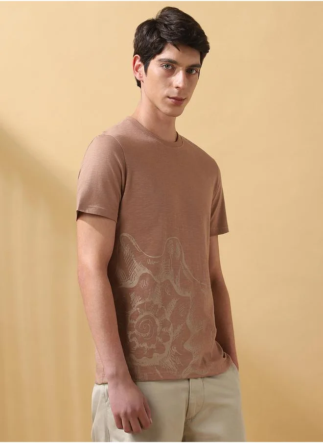 Dennis Lingo Brown Cotton Printed Pattern Regular Fit T-Shirts for Men with Round Neck Neckline Half Sleeves Regular Length Upper Body Wear T-shirts Knitted Weave - Perfect for Lifestyle Occasions