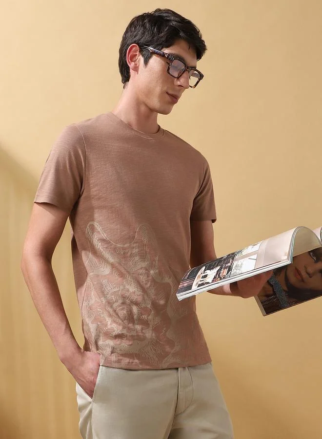 Dennis Lingo Men's Brown 100% Cotton Printed Regular Fit T-Shirt