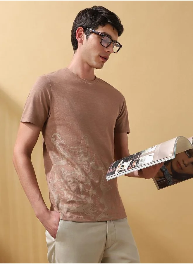 دينيس لينغو Men's Brown 100% Cotton Printed Regular Fit T-Shirt
